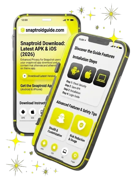 Download Snaptroid APK and iOS app for Snapchat with installation steps, stealth features, and safety tips guide shown on two smartphones.