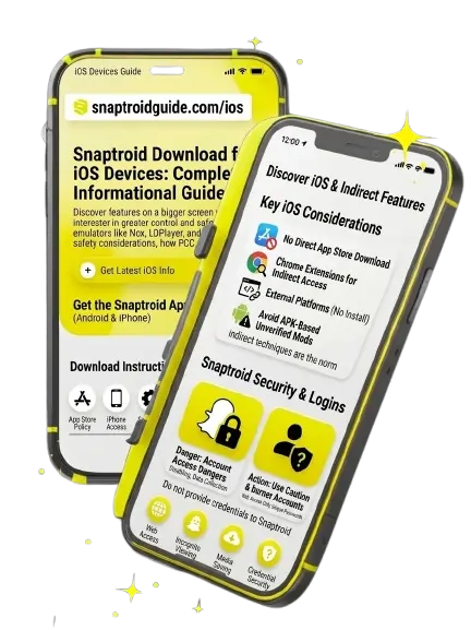 Snaptroid iOS download guide showing key considerations, indirect access methods, security warnings, and burner account tips for safe Snapchat usage on iPhone.