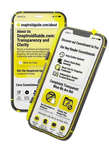 SnaptroidGuide.com about us page showing team commitments to transparency, honest risk disclosure, independent research, and not hosting APK files or affiliating with Snapchat.