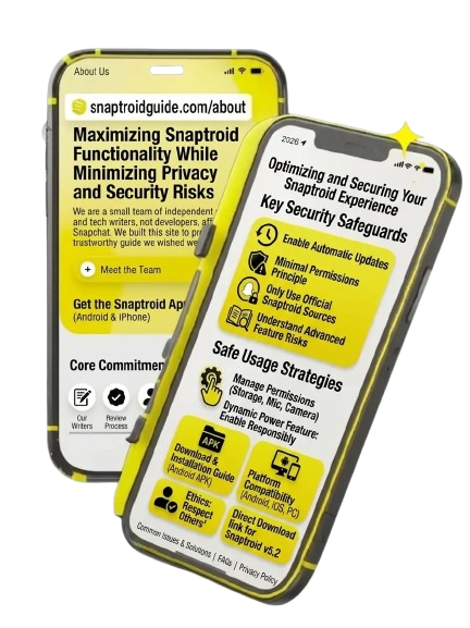 Two phones showing Snaptroid security safeguards and safe usage strategies for Android and iPhone users.