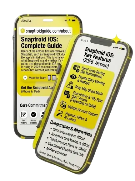 Two phones showing Snaptroid iOS complete guide with key features and comparisons for iPhone and iPad.