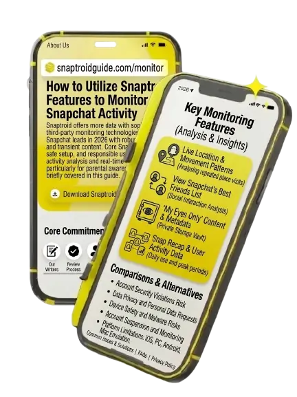 Two phones showing Snaptroid key monitoring features and analysis tools to track Snapchat activity safely.