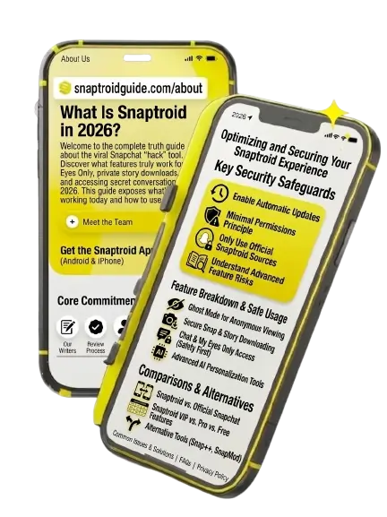 Two phones displaying What Is Snaptroid in 2026 guide with security safeguards and feature breakdown.